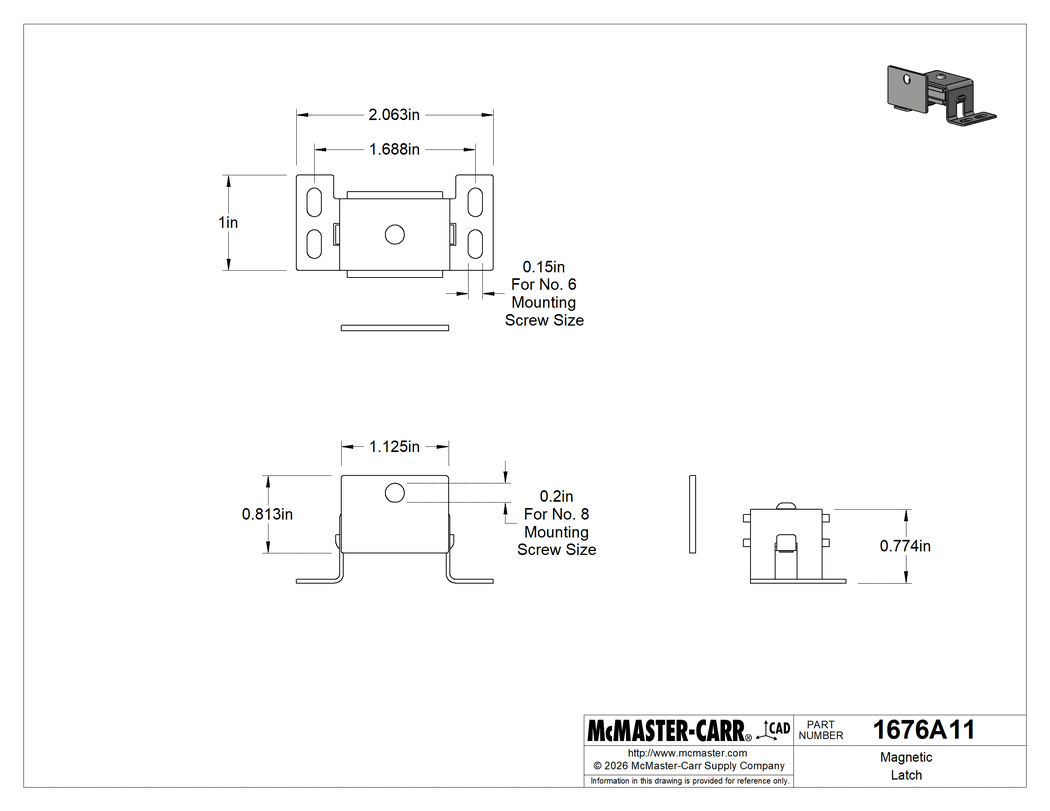 Technical Drawing of Magnetic Latch, Surface Mount, Screw on, Dull Aluminum, 7 lbs. Maximum Pull.